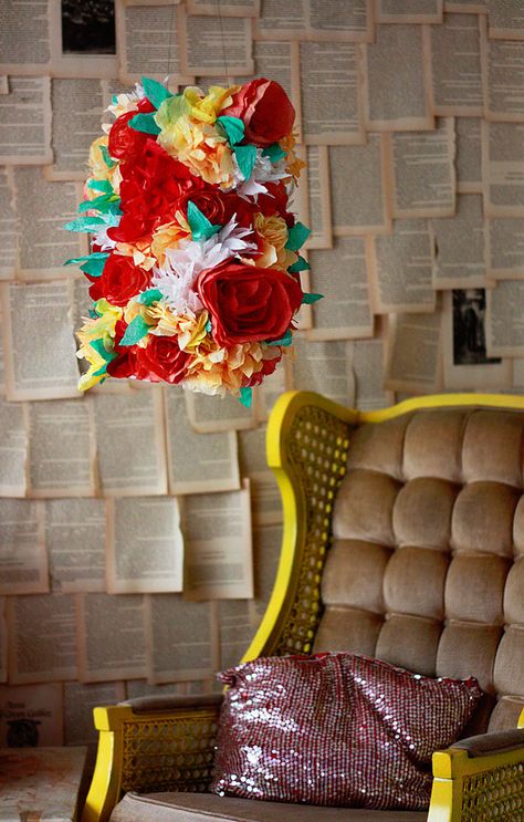 Aunt Peaches Flowered Lamp Shade or cover anything with colorful paper flowers Decoupage Lampshade, Flower Lampshade, Lampshade Diy, Flower Lamp Shade, Paper Lanterns Diy, Coffee Filter Crafts, Coffee Filter Flowers, Diy Flores, Folding Origami