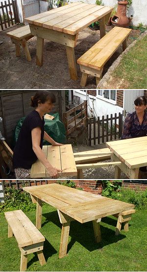 This site is awesome for diy projects...it tells you how much wood you need, the size and everything!!!!!! Diy Farm Tables, Log Furniture Tools, Picnic Table Woodworking Plans, Deck Table, Table Woodworking, Diy Outdoor Table, Bench Seats, Table And Bench Set, Extendable Table