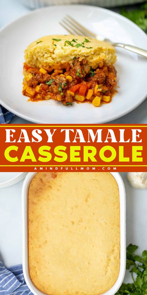 Enjoy Easy Tamale Casserole, the ultimate yummy comfort food! This Tamale Pie is kid friendly and made with seasoned ground beef and homemade cornbread. A family favorite casserole that's a hearty dinner recipe with delicious Mexican flavors. Make it and enjoy! Tamale Casserole With Jiffy, Tamales Casserole Recipe, Tamale Chili, Tamales Casserole, How To Reheat Tamales, Tamale Pie Casserole, Beef Tamale Pie, Family Favorite Casseroles, Easy Tamales