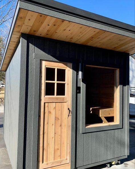 Outdoor custom sauna cedar soffit electric stove Outdoor Sauna Under Deck, Outdoor Sauna Design Ideas, Diy Finnish Sauna, Small Sauna Ideas Outdoor, Sauna Design Outdoor, Sauna Shed, Diy Sauna Outdoor, Cedar Soffit, Sauna Wood Stove