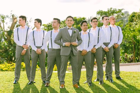 Suspenders and Pink Bow-ties for Groomsmen | http://brideandbreakfast.ph/2015/03/09/bewildered-by-blush/ | Photography: CamZar Photography Mens Pastel Wedding Attire, Wedding Gown Philippines, Blush Groomsmen Attire, Pistachio Green Wedding, Blush Groomsmen, Pink Groomsmen, Groomsmen Outfit, Blush Photography, Mens Casual Wedding Attire