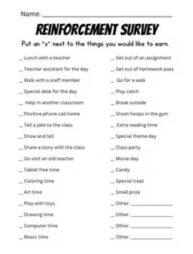 reinforcement survey Reinforcement Survey, Homework Pass, Teacher Assistant, Theme Days, Reading Time, Show And Tell, Homework, Reading