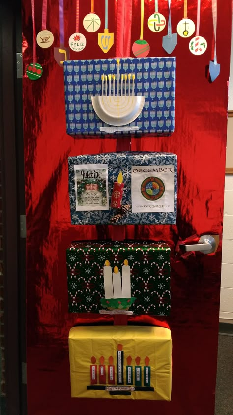 Multicultural holiday door Kwanzaa Door Decorations For School, Kwanzaa Classroom Decorations, Kwanza Door Decorations, Holidays Around The World Door Decorating Contest, Multicultural Holiday Decorations, Holidays Around The World Classroom Door, Christmas In Mexico Classroom Door, Holiday Around The World Door Decoration, Christmas Around The World Door Decor