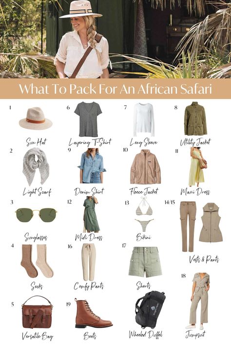 What to Pack for an African Safari • The Blonde Abroad African Trip Outfits, Chic Safari Outfits, What To Pack For African Safari, Outfits For South Africa, Safari Chic Outfits Women, Women’s Safari Outfit, Safari Hat Women, Safari Outfit Women Africa Style, Winter Safari Outfits