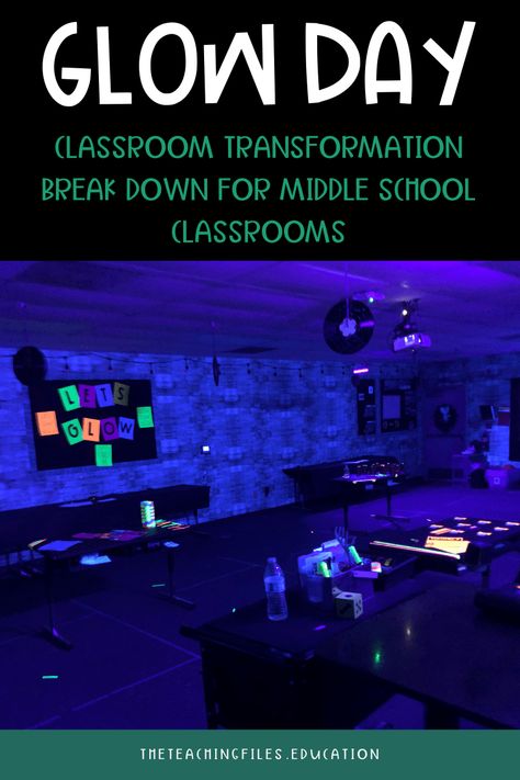 How to Set Up An Easy Glow Day Classroom Transformation in Middle School - The Teaching Files Glow Day Classroom, Glow Tape, Glow Day, Glow Paint, Classroom Transformation, Station Activities, Middle School Classroom, Question Cards, Teaching High School