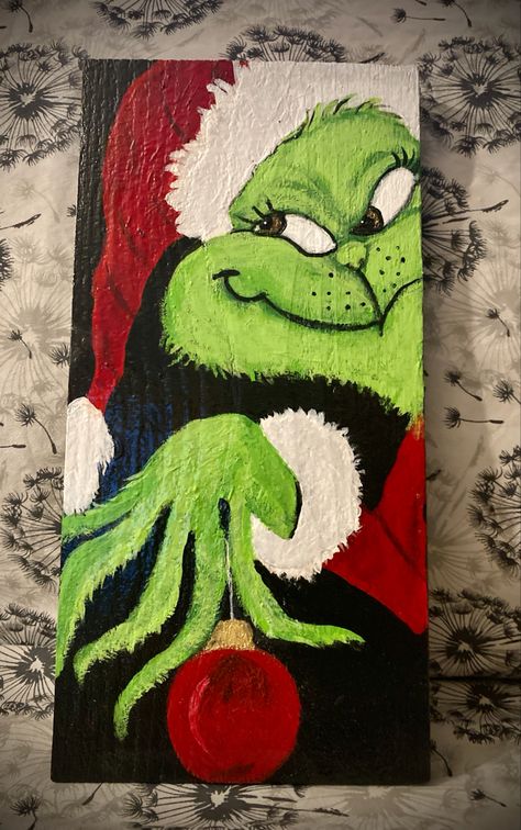 Grinch Gnome Painting, Grinch Paintings On Canvas, The Grinch Painting On Canvas, Grinch Lettering, Grinch Painting Ideas, Grinch Canvas Painting, How To Draw Grinch, Grinch Paintings, Grinch Painting