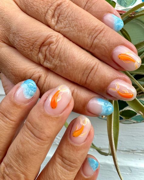 Just some goldfish 🤷🏼‍♀️🌊🐠 . . . #nails #nailinspo #nailsnails #fishnails #goldfishnails #3dnailart #waternails #trendynails #summernails Goldfish Nails, Quirky Nails, Fish Nails, Aesthetic Nails, Nail Tattoo, Gold Fish, Cute Nail Designs, Tattoo Inspo, Goldfish