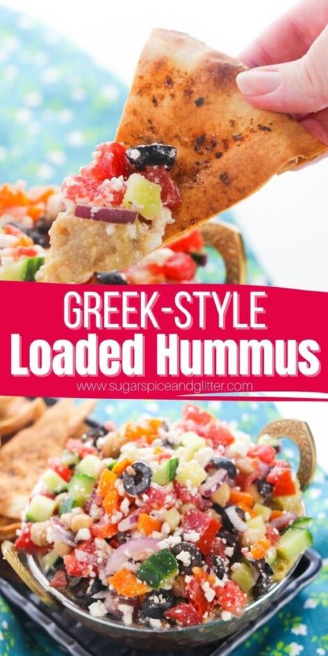 A unique and flavorful appetizer ready in less than 15 minutes, today's Loaded Hummus Dip features a silky smooth and creamy hummus topped with crunch veggies and salty feta cheese, for a wonderful texture and flavor contrast that makes this appetizer so satisfying. Hummus Toppings, Recipes With Hummus, Greek Hummus Dip, Greek Hummus, Loaded Hummus, Hummus Appetizers, Garlic Hummus Recipe, Hummus Flavors, Hot Spinach Dip