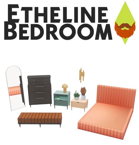 Etheline Bedroom | Patreon Bed With No Frame, Sims 4 Furniture, 80s Furniture, Sims 4 Custom Content Patreon, Styled Bedroom, Sims 4 Beds, 80s Bedroom, Sims 4 Bedroom, The Sims 4 Packs