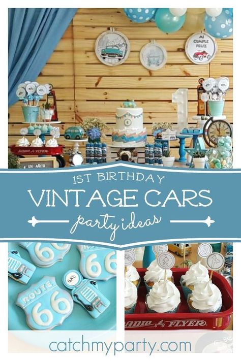 Check out this fun vintage car themed 1st birthday party! The birthday cake is adorable! https://buff.ly/2Ll5bKH #catchmyparty #partyideas #vintagecar #vintagecarbirthdayparty #boy1stbirthdayparty #car1stbirthdayparty Vintage Car Birthday Party, Easy Kids Party, Vintage Car Birthday, Vintage Car Party, Vintage Party Ideas, Car Birthday Party, Cars Birthday Cake, Themed 1st Birthday, Boys 1st Birthday Party Ideas