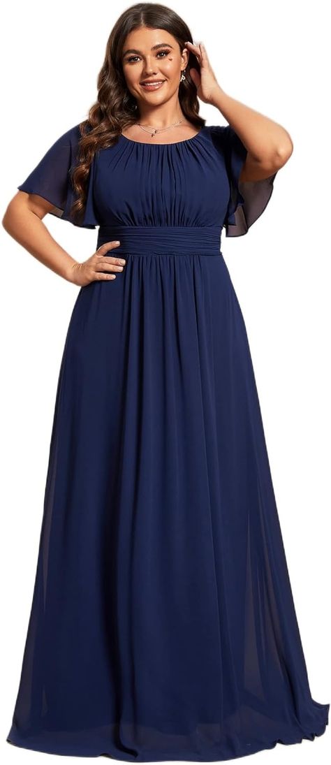 Amazon.com: Ever-Pretty Plus Size Women's Round Neck Short Lantern Sleeve Chiffon Pleated Long Evening Dress Navy Blue US18 : Clothing, Shoes & Jewelry Maxi Formal Dress, Navy Blue Bridesmaid Dresses, Dress With Ruffle Sleeves, Modest Bridesmaid Dresses, Ever Pretty, Maxi Bridesmaid Dresses, Chiffon Evening Dresses, Evening Dresses Plus Size, Pleated Chiffon