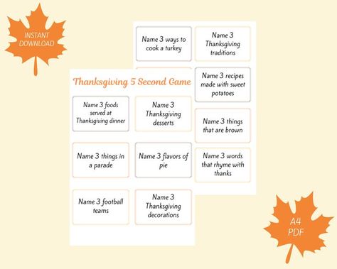 5 Second Rule Game, 5 Second Rule, Thanksgiving Football, Food Names, Thanksgiving Printables, Thanksgiving Dinner, Party Games, Etsy Australia, Thanksgiving