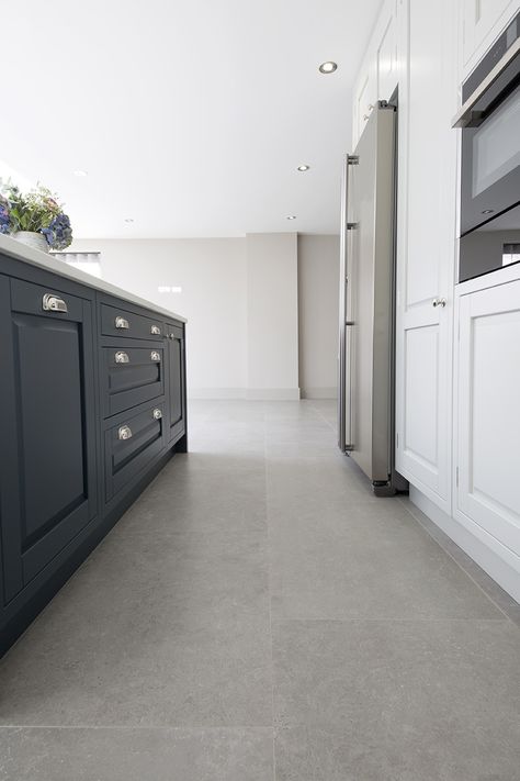 Okehampton English Grey porcelain stone tiles | MyStoneFloor Light Grey Kitchen Tile Floor, Kitchen Grey Tiles Floor, Grey Stone Kitchen Floor, Grey Tiled Kitchen Floor, Grey Kitchen Flooring Ideas Tile, Concrete Effect Tiles, Kitchen With Ceramic Tile Floor, Small Kitchen Tile Floor, Concrete Floor Tiles Kitchen