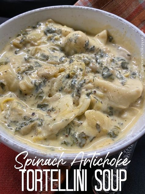 Olla-Podrida: Spinach, Artichoke & Tortellini Soup Spinach Artichoke Tortellini Soup, Artichoke Tortellini, Spinach Artichoke Soup, Artichoke Soup, Chickpea Soup, Favorite Dips, Cheese Tortellini, Tortellini Soup, Soup Season