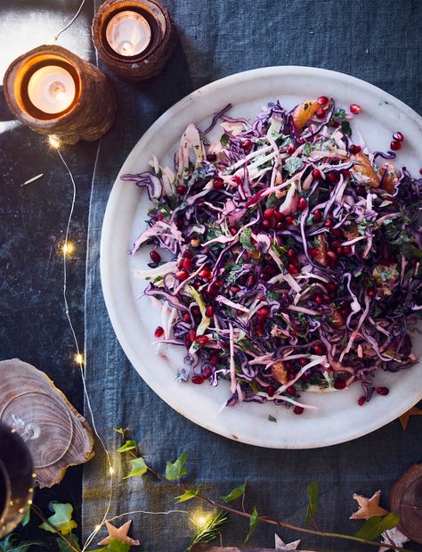 Dig into this jewelled winter slaw recipe from Jackson and Levine. This seasonal vegetarian and gluten-free dip makes a great Christmas party side Raw Food Christmas Recipes, Winter Slaw Recipe, Christmas Slaw Recipes, Christmas Food Vegetarian, Festive Salads Christmas, Winter Dinner Party Recipes, Winter Bbq Side Dishes, Christmas Slaw, Holiday Slaw