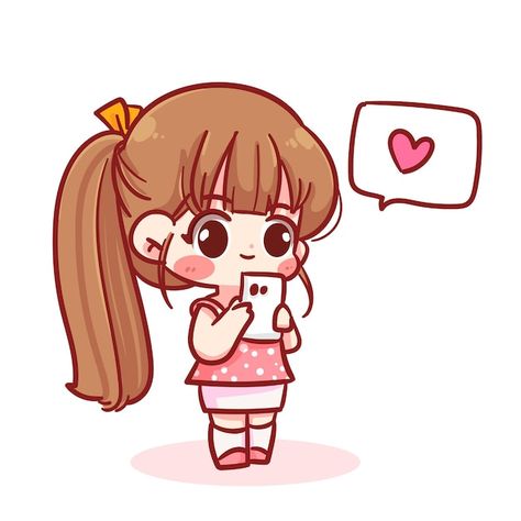 Girl With Phone In Hand Drawing, Girl Using Phone Drawing, Chibi Holding Phone, Girl With Phone Cartoon, Mobile Cartoon, Bubble Heart, Heart Cartoon, Girl Cartoon Characters, Chibi Girl