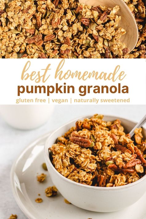 Pumpking spice granola, anyone? This is the best homemade pumpkin granola recipe. This easy, healthy granola recipe is naturally sweetened, gluten free, vegan and full of pecans and pumpkin seeds - a real, clean eating granola recipe at it's best. #cleaneatingbreakfast #easyhealthygranola #glutenfreevegangranola Gluten Free Pumpkin Granola, Pumpkin Spice Granola Healthy, Pumpkin Spice Granola Pioneer Woman, Homemade Pumpkin Spice Granola, Homemade Pumpkin Granola, Healthy Pumpkin Granola, Pumpkin Seed Granola Recipe, Pumpkin Granola Healthy, Keto Pumpkin Granola