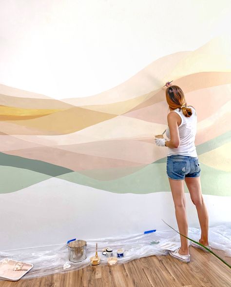 Neutral Wall Mural Diy, Mural In Nursery, Abstract Mural Painting, Mural Behind Bed, Wall Mural Diy, Sunrise Mural, Painted Wall Murals, Kids Mural Ideas Bedrooms, Bedroom Wall Mural Ideas