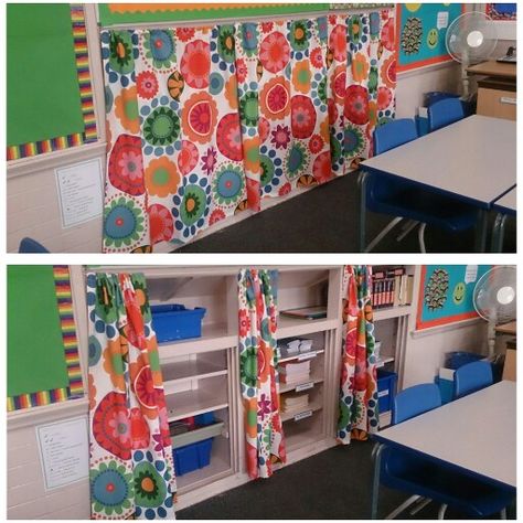 Homemade curtains for my classroom to cover up my shelves. Nice and neat and tidy! Perfect! Classroom Bookshelf Curtains, Curtains To Cover Shelves In Classroom, Classroom Curtains For Shelves, Classroom Window Treatments, Cubby In Wall, Classroom Curtain Ideas, Classroom Cubbies, Classroom Curtains, Resource Room Teacher