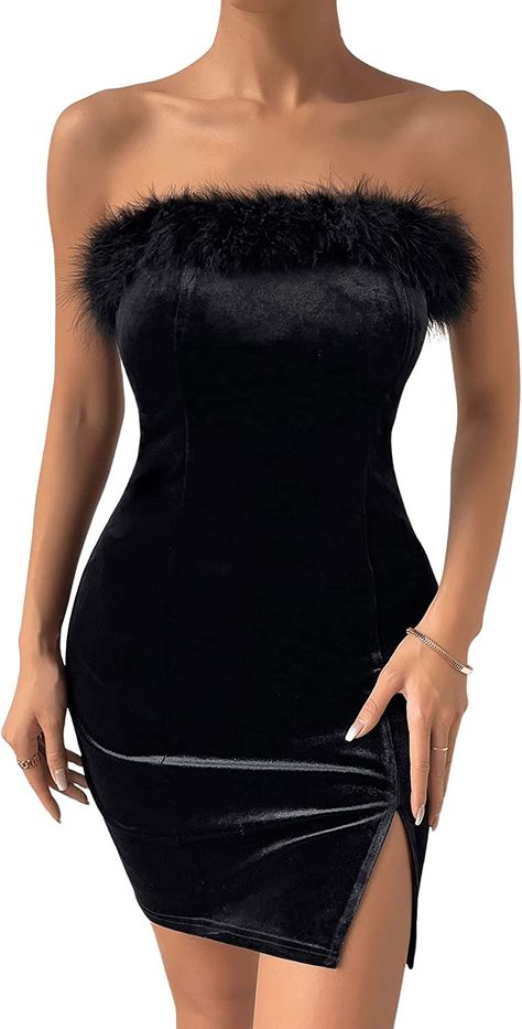 SweatyRocks Women's Sleeveless Velvet Tube Party Dress Fuzzy Trim Split Bodycon Mini Dresses Fur Bodycon Dress, Petite Body Types, Curvy Body Types, Club Night, Trendy Fashion Outfits, Stunning Outfits, Evening Attire, Sleeveless Mini Dress, Mini Dresses