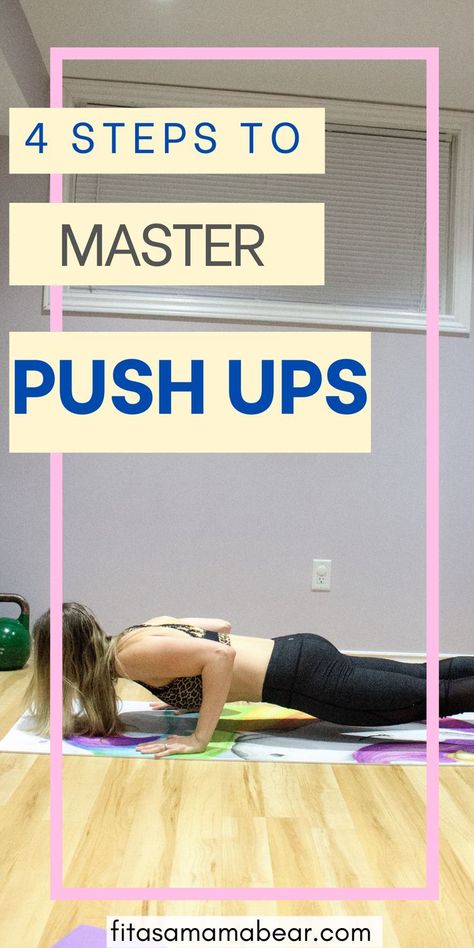 Use these 4 tried and true steps to learn how to get better at pushups! If you’re a beginner, learn how to do a pushup properly and the best way to improve them @fitasamamabear #pushups #fitness #exercisetips #pushups How To Do 100 Pushups, How To Properly Do A Push Up, How To Work Up To A Pushup, How To Do A Push Up If You Cant, How To Learn Push Ups, How To Get Better At Pushups, Get Better At Pushups, How To Do Pushups, Proper Push Up