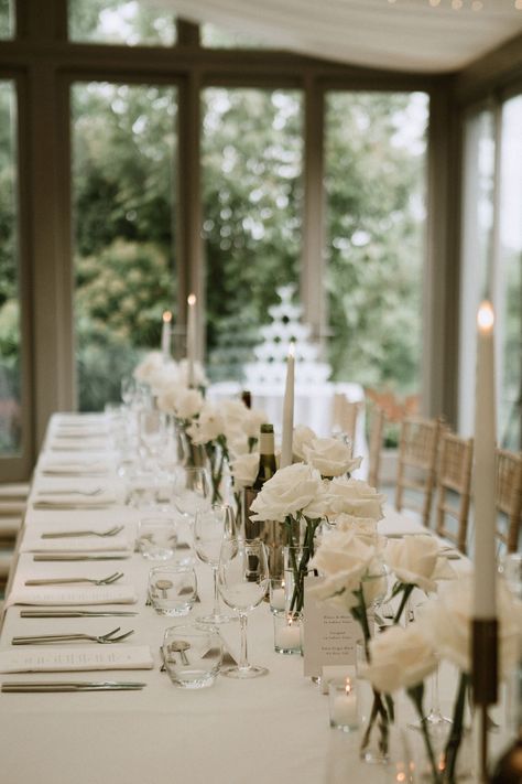 White Rose Decor Wedding, Wedding Table White Tablecloth, Rehearsal Dinner Table Decor, Danish Wedding, White Wedding Table Setting, Neutral Pallet, Elegant White Wedding, Reception Styling, Simple Table Settings