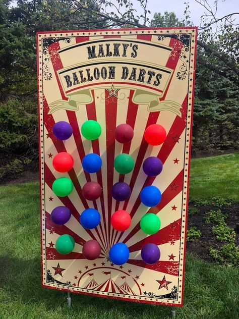 Beautiful Additions - Personalized Balloon Dart Game for Carnival Themed Birthday - creative event decor idea - [vc_row fullwidth="true" padding="0" css=".vc_custom_1550673437304{padding-top: 0px !important;padding-right: 0px !important;padding-bottom: 0px !impo... Carnival Games Wedding, Balloon Dart Game Diy, Carnival Party Decor, Carnival Moodboard, Carnival Booth Ideas, Carnival Theme Event, Carnival Decorations Ideas, Balloon Dart Game, Carnival Theme Decor