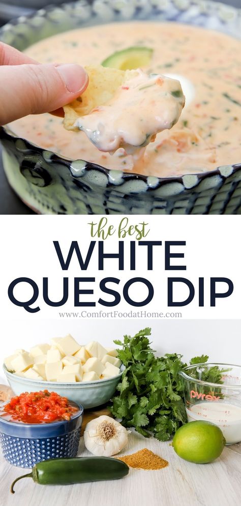 If you are looking for a rich and flavorful party dip, you need to try this white queso dip recipe! This cheese-based dip is rich, creamy, and full of bright and spicy flavors. It is easy to make and can be served immediately or saved for later if you want to make it ahead of time. I love to make it for game day too! Best White Queso Dip, Homemade White Queso Dip, Homemade White Queso, White Queso Dip Recipe, White Queso Recipe, Comfort Food Appetizers, Queso Dip Recipe, White Queso Dip, White Queso