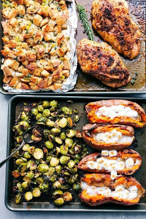 Parmesan Brussels Sprouts, Thanksgiving Dinner For Two, Easy Thanksgiving Dinner, Food Thanksgiving, Chelsea's Messy Apron, Easy Thanksgiving Recipes, Candied Sweet Potatoes, Sheet Pans, Thanksgiving Dinner Recipes