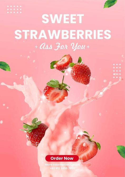 Strawberry Poster Design, Strawberries Poster, Strawberry Poster, Hello Kitty Poster, Strawberry Bars, Soap Packaging Design, Ice Cream Poster, Beverage Poster, Strawberry Drinks