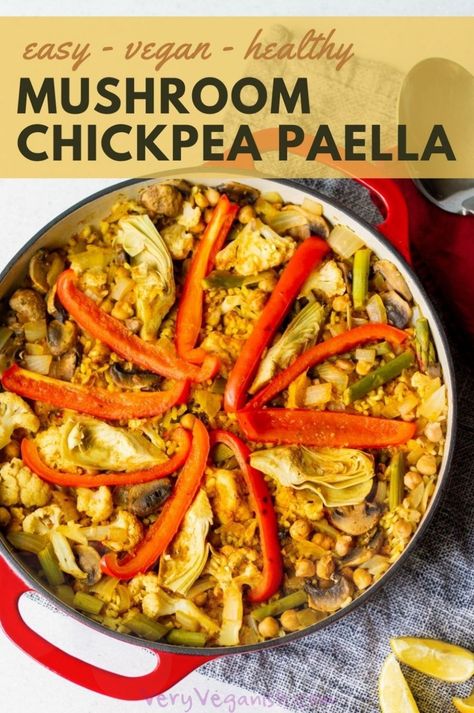 If you're looking for an easy vegan paella recipe, this is it! Made with chickpeas, mushrooms, and a variety of vegetables, this dish is both hearty and healthy. Perfect for a family dinner or entertaining guests, this paella is sure to impress with its rich flavors and beautiful presentation. Follow our guide to make this classic dish from scratch, including tips on achieving the perfect paella texture. Healthy Paella Recipe, Healthy Paella, Vegetable Paella Recipe, Super Low Calorie Recipes, Vegetable Paella, Vegan Paella, Oil Free Vegan Recipes, Paella Recipe, Oil Free Vegan