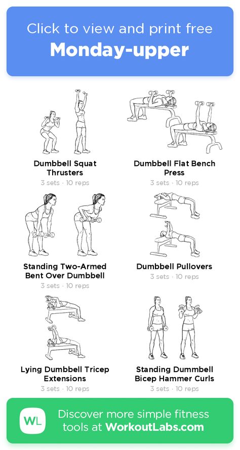 Monday-upper – click to view and print this illustrated exercise plan created with #WorkoutLabsFit Workout At Planet Fitness, Barbell Workouts, Upper Body Workout For Women, Workout Labs, Gym Workout Plan For Women, Monday Workout, Arm Workout Women, Reps And Sets, Printable Workouts