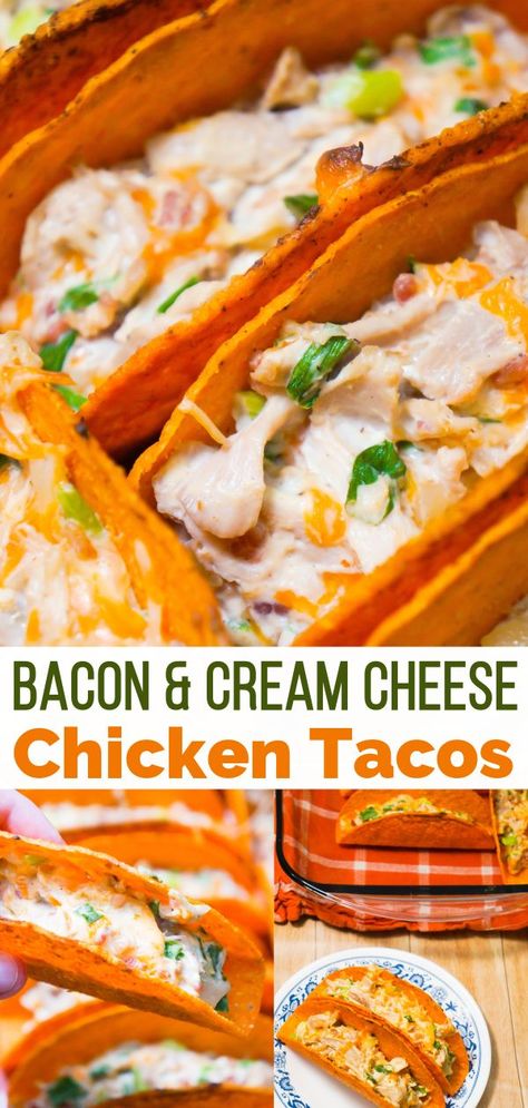 Cream Cheese Bacon Chicken Tacos are an easy dinner recipe. Stand and Stuff Taco Shells are loaded with shredded chicken, cream cheese, real bacon bits onions and cheddar cheese. These chicken tacos would also be a great party food. Cheese Chicken Tacos, Cheese Bacon Chicken, Bacon Taco, Chicken Ranch Tacos, Chicken And Cheese Recipes, Chicken Cream Cheese, Spicy Chicken Tacos, Recipe Stand, Baked Chicken Tacos