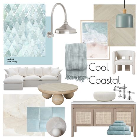 Beach House Mood Board, Beach Interior Design Coastal Style, Palm Beach Living Room, Coastal Mood Board, Fluted Concrete, Cream And White Bedroom, Coastal Apartment, Online Design Services, Beach House Living Room