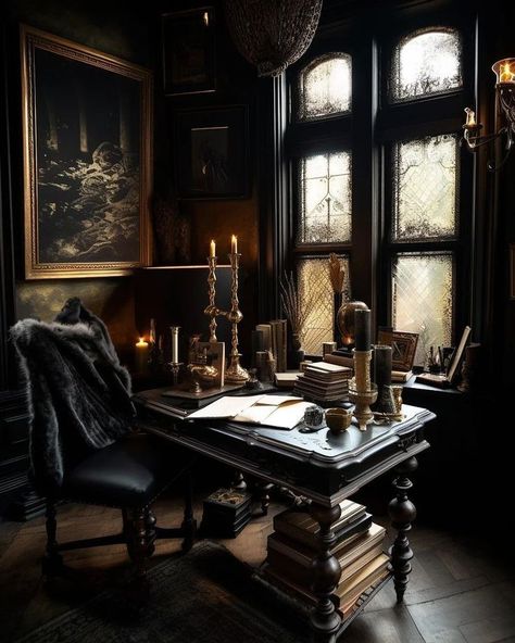 Victorian Gothic Office, Work Nook, Dark Academia Office, Academia House, Dark Academia Library, Victorian Office, Dark Academia Bedroom, Dark Academia Interior, Dark Academia Home