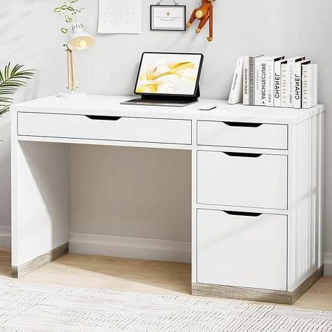 Amazon.com: MaverickFurni White Desk with 4 Drawers, Small Desk with Storage, White Computer Desk with Filing Cabinet, Small Desks for Kids, Home Office Desk with Drawers, Bedroom, Small Space : Home & Kitchen Cute Desk With Storage, Cute Desks White, White Desk With Drawers On Both Sides, White Desk In Bedroom, Desk White Aesthetic, Cheap White Desk, Small Desk With Storage, White Desk Bedroom, Desks For Kids