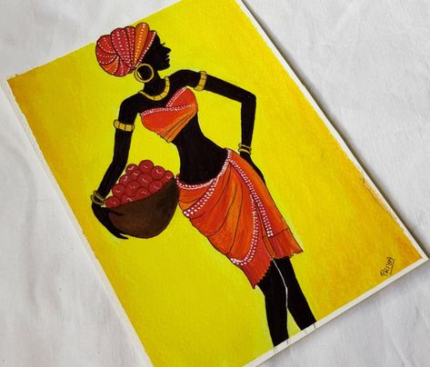 African women painting | Tribal women carrying a fruit basket | Tribal Art | PriyaV Art Fruit Basket Painting Acrylic, African Women Art Painting, African Drawings, African Women Painting, Africa Painting, Creative Date Night Ideas, African Women Art, Paintings Ideas, African Art Paintings