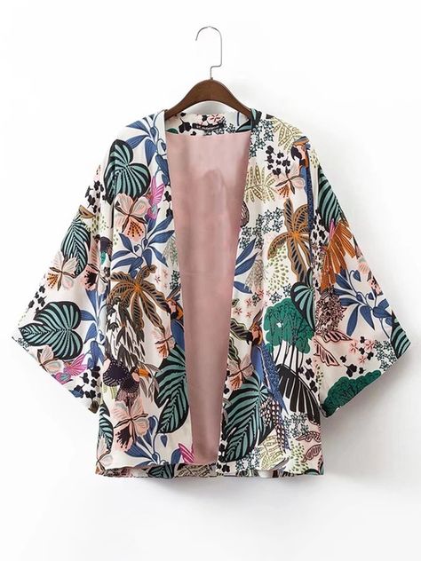 Tropical Print Open Front Kimono | SHEIN USA Kimono Online, Loose Kimono, Kimono Shirt, Mode Kimono, Womens Kimono, Print Kimonos, Floral Kimono, Printed Cardigan, Moda Vintage