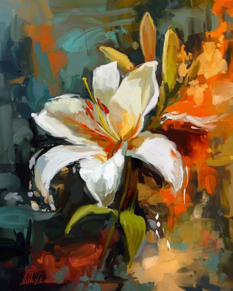 Kunst Inspo, Lily Painting, Digital Oil Painting, Oil Painting Flowers, A Level Art, White Lilies, Iron Art, Painting Art Projects, Line Art Drawings