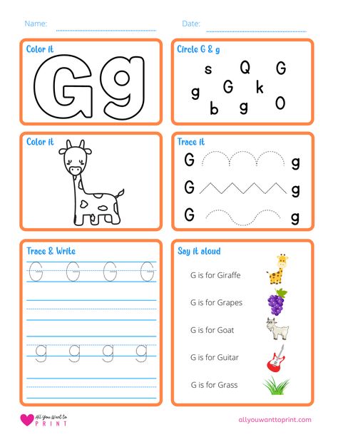 Free Printable Letter G Worksheet - 6 Activities in 1 G Letter Worksheet, Letter G For Preschoolers, Letter G Activities For Preschool, Letter G Worksheet, G Worksheet, Letter G Activities, Worksheet For Preschool, Free Printable Alphabet, Printable Alphabet Letters