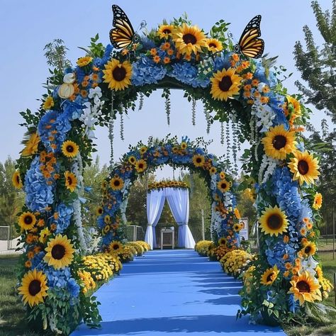 Diy Sunflower Wedding Decorations, Sunflower Wedding Arch, Fall Sunflower Weddings, Blue And Yellow Wedding, Jazz Outfits, Sunflower Wedding Decorations, Yellow Wedding Theme, Sunflower Theme, Sunflower Themed Wedding