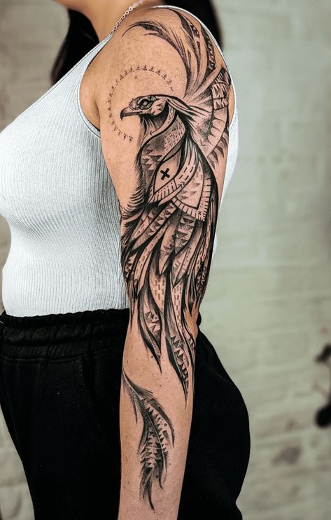 Phoenix Tattoo Design Images (Phoenix Ink Design Ideas) Peacock Tattoo Sleeve, Phoenix Tattoo Arm, Phoenix Tattoo Sleeve, Phoenix Tattoo Ideas, Half Arm Sleeve Tattoo, Phoenix Tattoo Feminine, Minimal Tattoo Designs, Arm Sleeve Tattoos For Women, Phoenix Tattoos