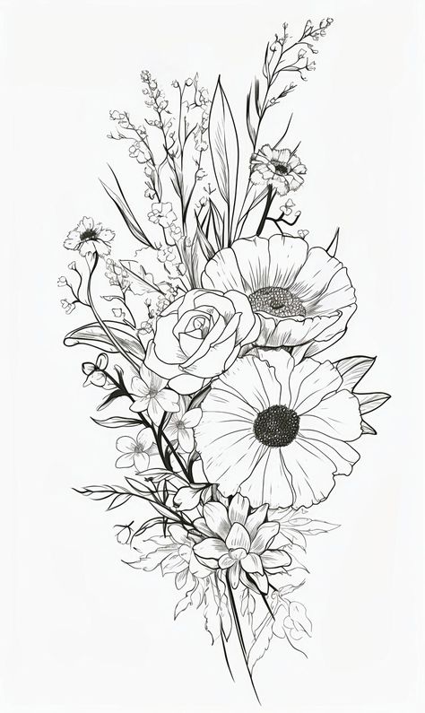 Birth Flowers Arm Tattoo, Assorted Flower Tattoo, Black And White Flower Bouquet Tattoo, Black And White Aster Tattoo, Floral Bunch Tattoo, Tattoo 3 Kids, Flower Tattoos Black And White, Sketch Of A Flower, Floral Bouquet Tattoo