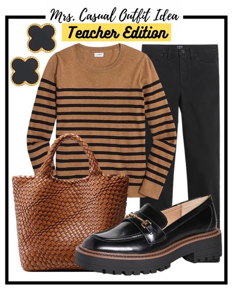 Brown Striped Sweater Outfit, Black Striped Shirt Outfit, Beige Top Outfit, Outfit Ideas Teacher, Striped Top Outfit, Loafer Outfits, Long Cardigan Outfit, Brown Pants Outfit, Striped Sweater Outfit