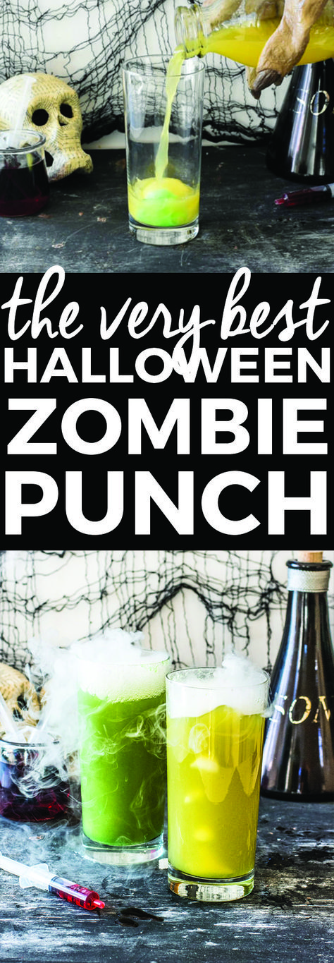 Halloween Zombie Punch Recipe | halloween recipes, halloween punch recipes, halloween drink recipes, family friendly halloween drinks, non-alcoholic halloween drinks, halloween party recipes, zombie recipe ideas, #halloweendrinks #zombierecipeideas #halloweenpunch #halloweenpartydrinks #familyfriendlydrink #thebutterhalf || The Butter Half via @thebutterhalf Punch Recipes Halloween, Halloween Party Punch Recipes, Zombie Recipe, Zombie Punch, Punch Halloween, Halloween Party Punch, Zombie Food, Halloween Recipes Drinks, Halloween Punch Recipes