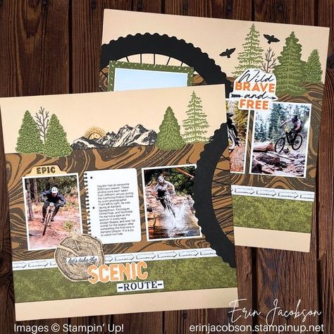 Crafty Concepts With Erin on Instagram: "Scrapbooking boys, hiking, camping, exploring scenic Mountain View’s and more! What photos do you have to scrapbook that would work with a layout design like this one?   If you caught the YouTube video, you know I drew my inspiration from multiple sources including a Christmas layout I did a few seasons back. I combined two unlikely paper collections, including a Little Latte and Seasons of Green and Gold from Stampin Up! to create this epic maintain bike themed layout. It’s always fun to use your supplies in unexpected way.   If you would like to see how I transformed one design into a completely different look, head on over to my YouTube channel to catch the process.   #scrapbooking #scrapbookingboys #stampinup #memorykeeper #stampinuplattelove" Hiking Scrapbook Pages, Nature Scrapbook Layouts, Fishing Scrapbook, Alaska Scrapbook, Camping Scrapbook Layouts, Pet Scrapbook Layouts, Traditional Scrapbooking, Nature Scrapbook, Camping Scrapbook