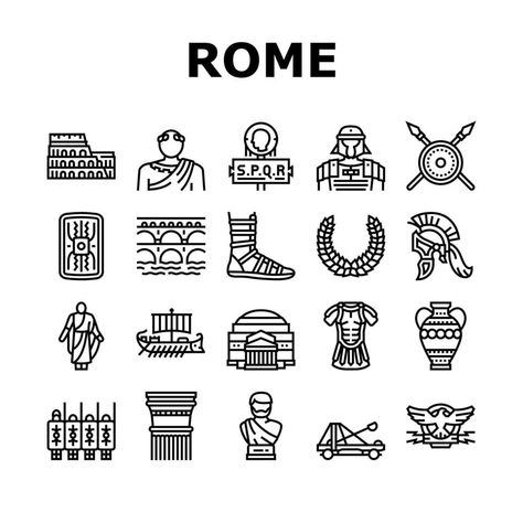 conjunto de iconos de historia antigua de roma antigua Ancient Rome Symbols, Rome Symbols, Travel Book Ideas, Roma Logo, King Painting, History Icon, Greek Mythology Gods, Historia Universal, School Posters