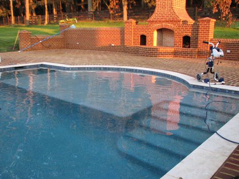 Pool Ideas With Tanning Ledge, Fiberglass Pool Ideas, Pool With Tanning Ledge, Fiberglass Pool, Pool Life, Pool Remodel, Pool Landscape Design, Rectangular Pool, Concrete Pool