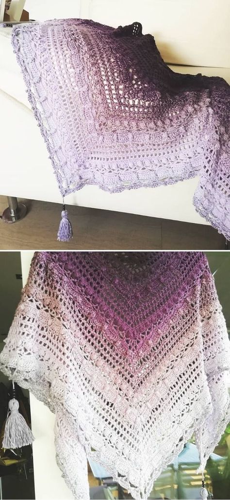 Feminine Lost In Time Crochet Shawls. This lovely, ombre shawl is the best choice for every one of you that loves such color transitioning effect. The edging is super feminine and romantic, so you will feel confident and beautiful wrapped in this shawl. Be sure to make this one for upcoming colder days! #freecrochetpattern #shawl #wrap Shawl Edging Crochet, Crochet With Ombre Yarn, Lion Brand Mandala Ombre Yarn Crochet Patterns Free, Crochet Ombre Yarn Projects, Mandala Ombre Yarn Crochet Patterns, Crochet Wedding Shawl, Shawl In A Ball, Valentine Crochet, Crocheted Shawls