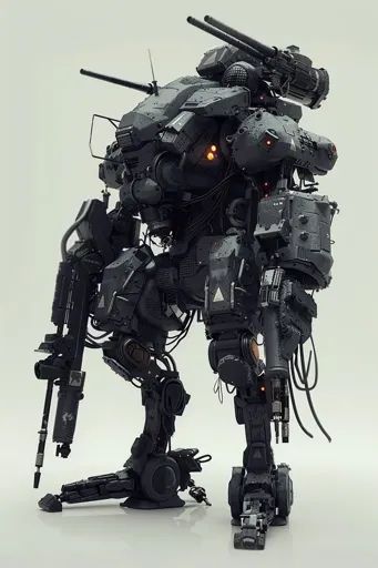 ↑↑↑ Larger size on website 🔸 A futuristic, heavily armed, bipedal mech stands on a white surface.  It is black with orange lights 🔸 From Midjourney AI Image Bipedal Mech, Futuristic Machine, Mech Reference, Android Robot, Mech Suit, Cool Robots, Titanfall, Power Armor, Robots Concept